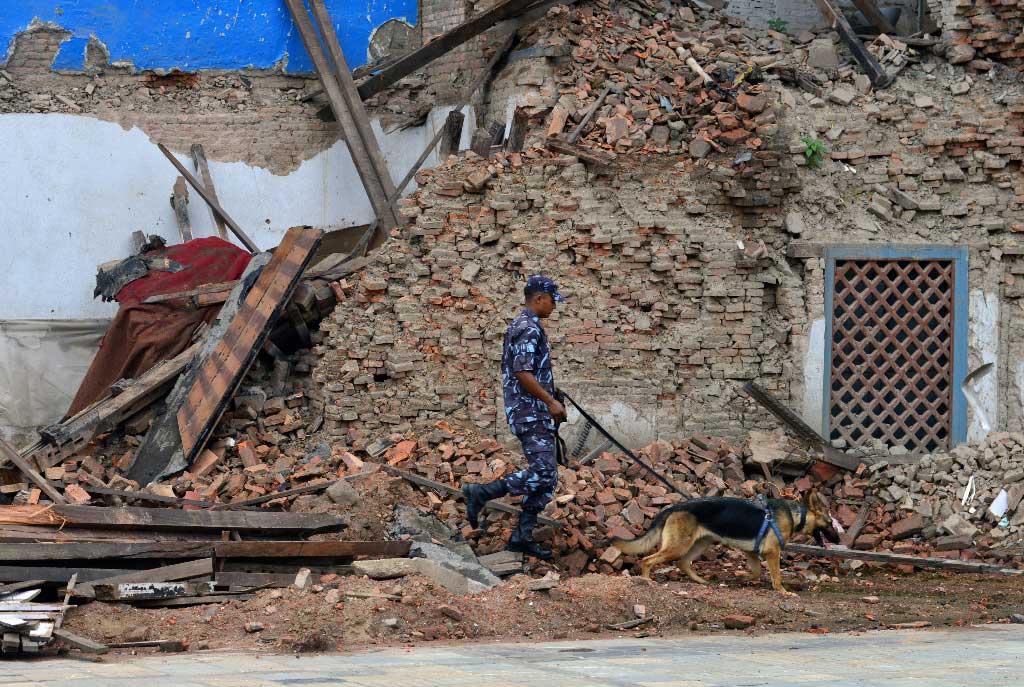 Photographie d'un policier népalais devant des décombres.