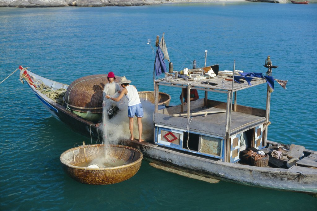 Des pêcheurs vietnamiens sortent les filets de l’une de leurs fameuses embarcations construites en tiges de canne à sucre, les thung chai