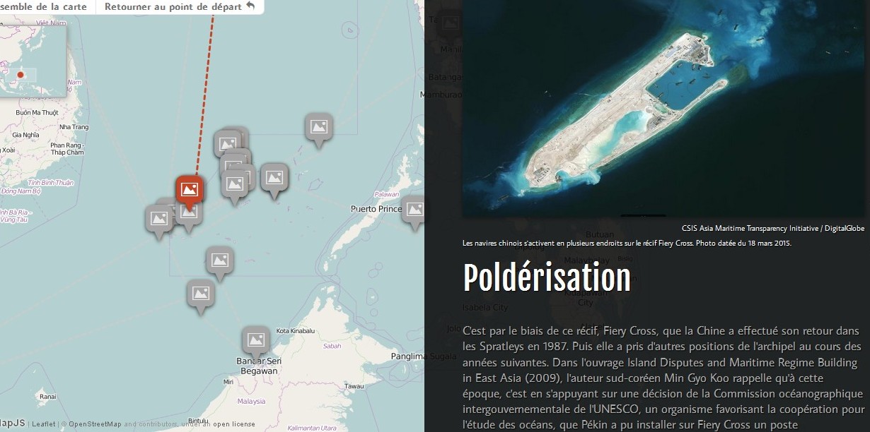 Copie d’écran de notre infographie pour tout comprendre de l’histoire et l’actualité des îles Spratleys, en mer de Chine du Sud.