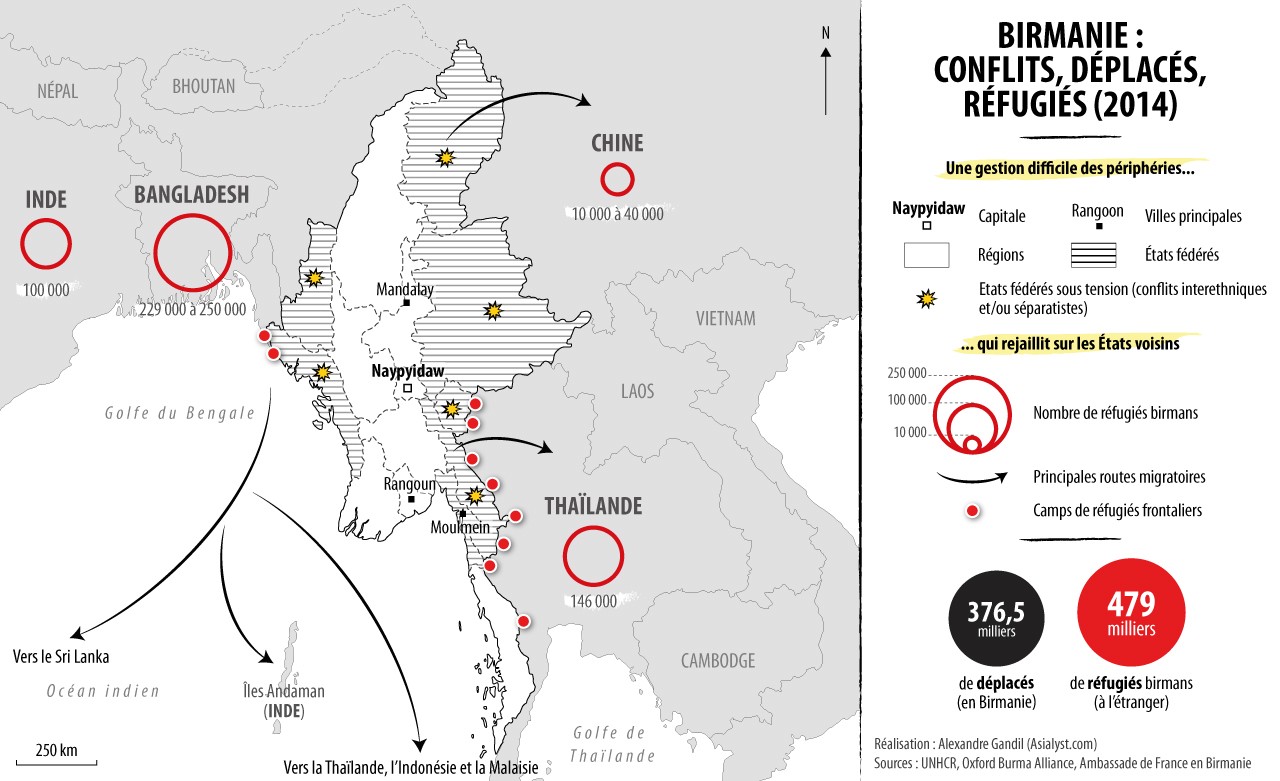 Carte : conflits périphériques en Birmanie et mouvements de réfugiés vers les Etats frontaliers. Les Rohingyas, persécutés en Arakan, fuient sur des embarcations de fortune pour se rendre en Asie du Sud-Est. Réalisation : Alexandre Gandil.