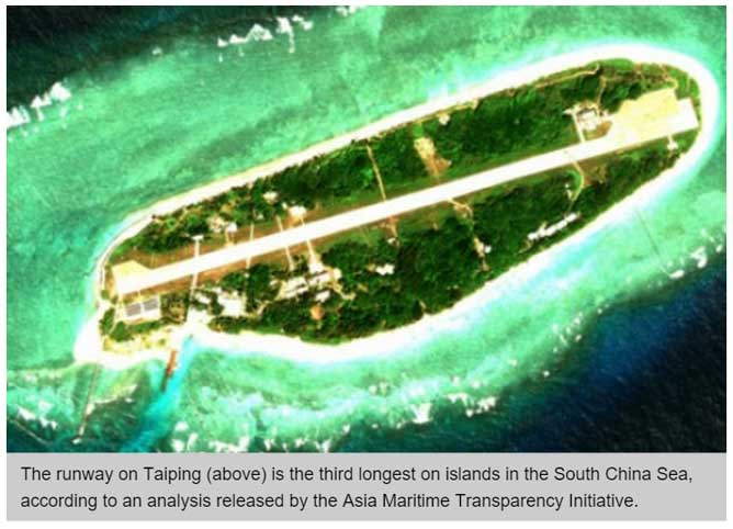 Dans les Spratleys (mer de Chine du Sud), Taïwan vient de rénover la piste d’atterrissage de l’îlot de Taiping (ou Itu Iba). Copie d’écran du South China Morning Post, le 16 octobre 2015.