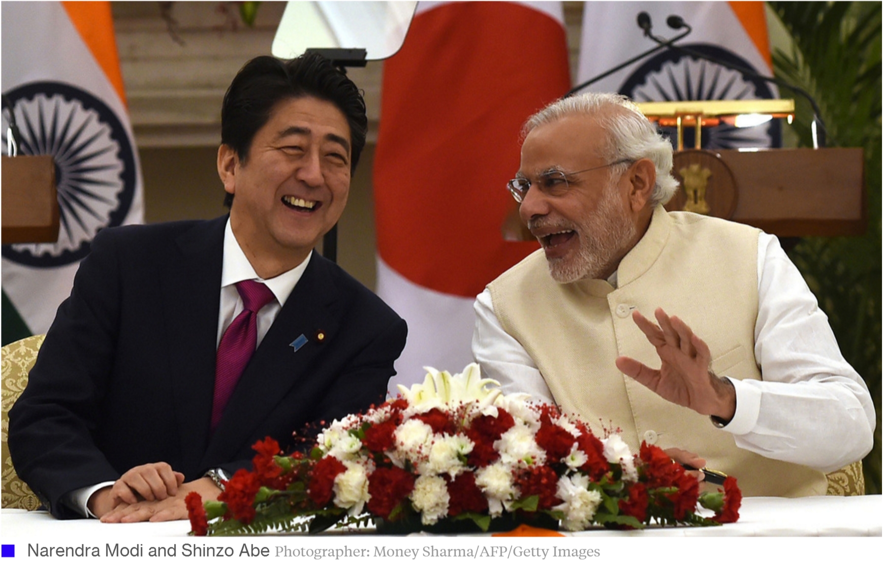 Shinzo Abe s’est rendu ce week-end en Inde pour une visite de trois jours, durant laquelle les relations entre Tokyo et New Delhi ont connu un grand rapprochement. Copie d’écran de Bloomberg Business, le 14 décembre 2015.