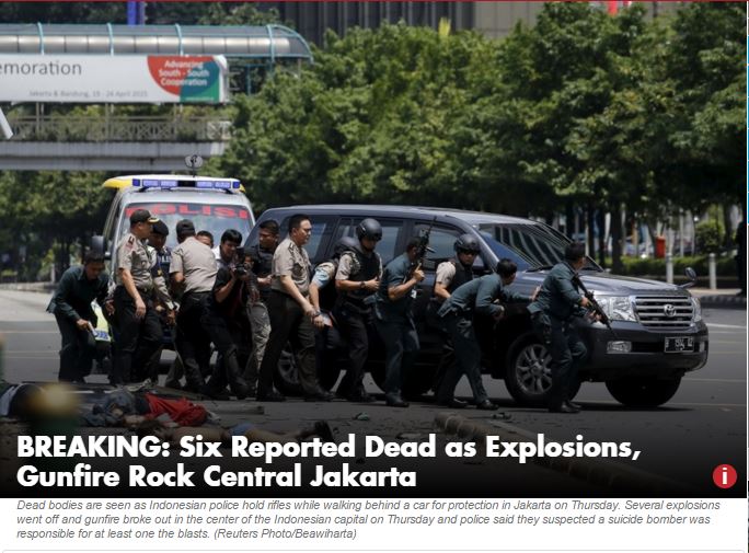 Un attentat revendiqué par le groupe Etat Islamique fait au moins 6 morts à Jakarta. Copie d'écran de "Jakarta Post", le 14 janvier.