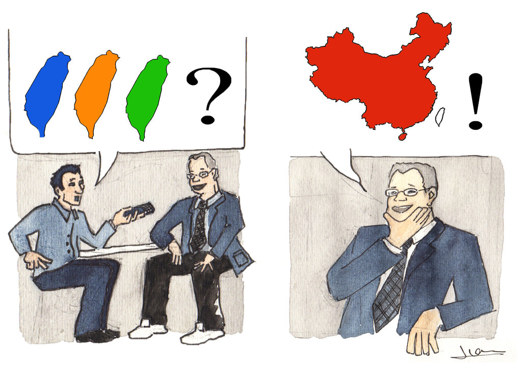 "Nathan Batto", un dessin d'Ivan Gros. Le journaliste demande qui sera le vainqueur des élections taïwanaises : le Kuomintang, parti conservateur au pouvoir (en bleu), le Parti Démocrate-progressiste d'opposition (en vert) ou le People First Party de James Soong, ex-KMT (en orange) ?