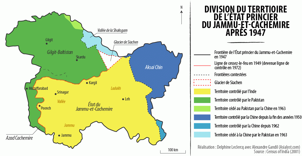 En carte, la division du territoire de l'Etat princier du Jammu-et-Cachemire après 1947.