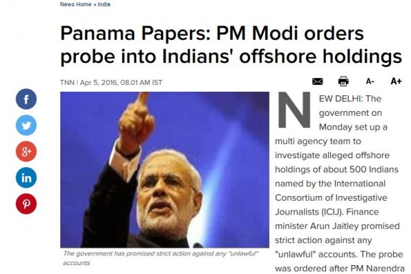 Le Premier ministre Narenda Modi. Copie d'écran de "The Times of India", le 5 avril 2016.