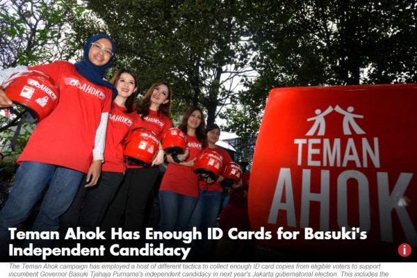 Le gouverneur de Jakarta sera bien candidat à sa réélection, mais sous l'étiquette d'indépendant. Copie d'écran du "Jakarta Globe", le 12 avril 2016.