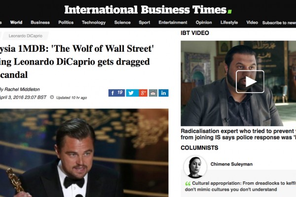 Le Loup de Wall Street a-t-il été financé par les fonds souverains malaisiens de 1MDB ? Copie d'écran de "International Business Times", le 4 avril 2016