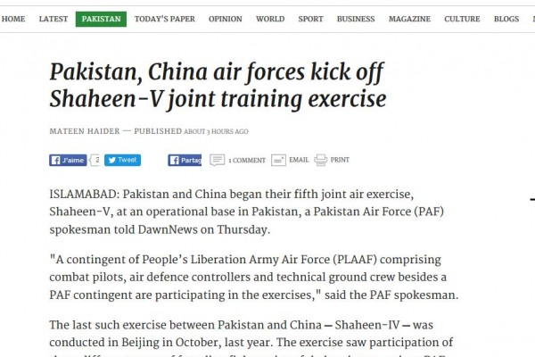 Islamabad et Pékin ont débuté ce jeudi 14 avril leurs 5èmes exercices militaires conjoints dans les airs. Copie d'écran du "Dawn", le 14 avril 2016.