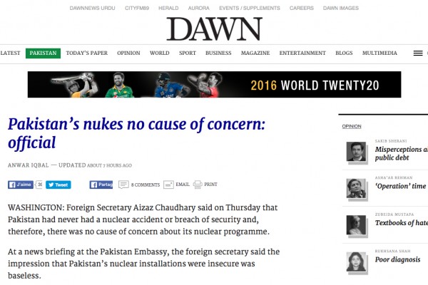 Pakistan : "pas d'inquiétude à avoir" sur l'arsenal nucléaire. Copie d'écran du Dawn, le 1er avril 2016.