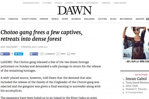 Les forces armées pakistanaises ont lancé la semaine dernière une opération d'envergure contre le gang de Chotoo dans le centre du pays. Les malfrats, mis en difficulté, ont été appelés à se rendre. Copie d'écran du “Dawn”, le 18 avril 2016.