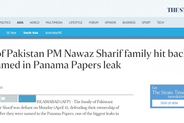 Quatre enfants du Premier ministre pakistanais Nawaz Sharif sont nommés dans l'affaire des "Panama papers". Copie d'écran du "Straits Times", le 4 avril 2016.