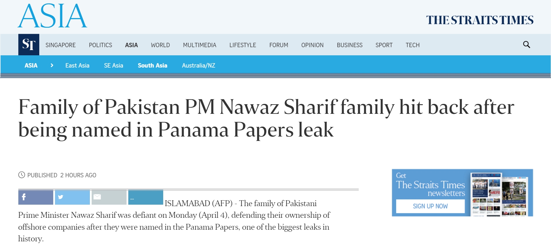 Quatre enfants du Premier ministre pakistanais Nawaz Sharif sont nommés dans l'affaire des "Panama papers". Copie d'écran du "Straits Times", le 4 avril 2016.