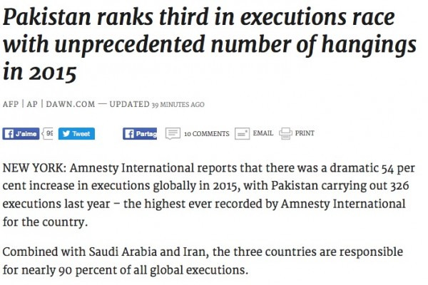 Le Pakistan se retrouve troisième du classement des exécutions dans le monde après la Chine et l'Iran, selon Amnesty International. Copie d'écran de "Dawn", le 6 avril 2016.