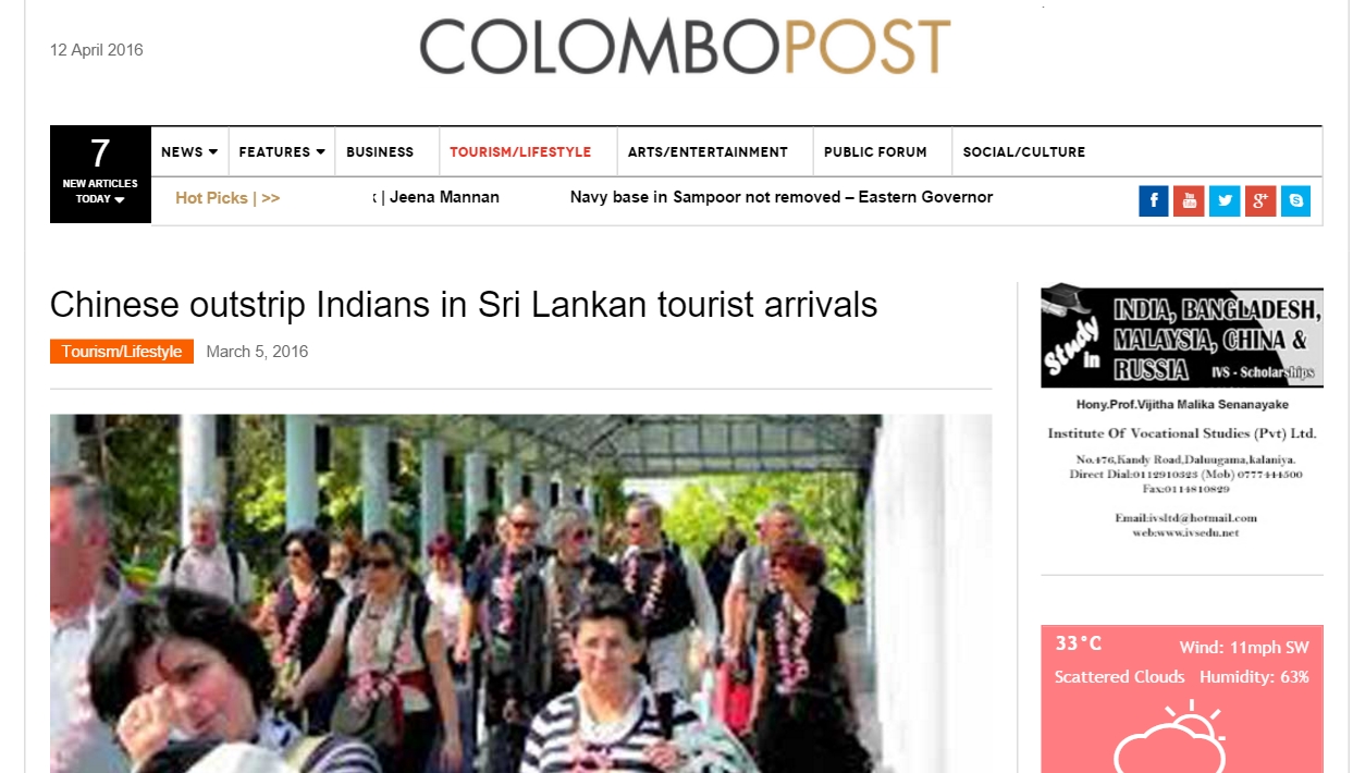 Grande première pour le Sri Lanka qui, au mois de février, a accueilli plus de touristes chinois que de touristes indiens. Copie d'écran du "Colombo Post", le 12 avril 2016.