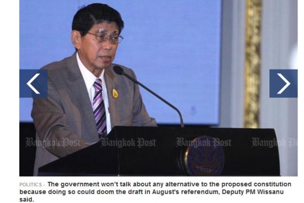 L'adjoint du Premier ministre thaïlandais a rappelé qu'il n'existe pas d'alternative au projet de Constitution. Copie d'écran du “Bangkok Post”, le 14 avril 2016.