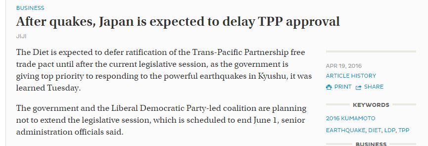 Après les tremblements de terres, la Diet japonaise n'a plus le temps de ratifier l'accord TPP. Copie d'écran du “Japan Times”, le 20 avril 2016.