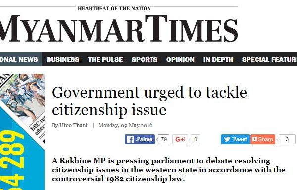 D'après une parlementaire birmane, la loi sur la Citoyenneté de 1982 devrait être un élément suffisant pour déterminer si une personne est un "faux" ou "vrai" citoyen. Copie d'écran du “Myanmar Times”, le 9 mai 2016.