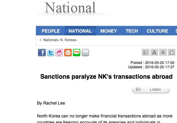 Russie, Suisse et Union européenne ont adopté de nouvelles sanctions contre Pyongyang, notamment dans le secteur du commerce. Copie d'écran de "The Korea Times", le 20 mai 2016.