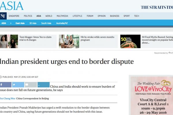 Le président indien a annoncé vouloir résoudre le différend territorial qui l'oppose à son rival chinois. Copie d'écran du “Straits Times”, le 27 mai 2016.