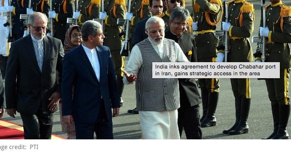 Lors d'une visite en Iran, Narendra Modi a apporté son soutient à la construction d'un port à Chabahar qui reliera le pays à la Russie, l'Afghanistan et l'Europe sans passer par le Pakistan. Copie d'écran de "Scroll.in", le 23 mai 2016.