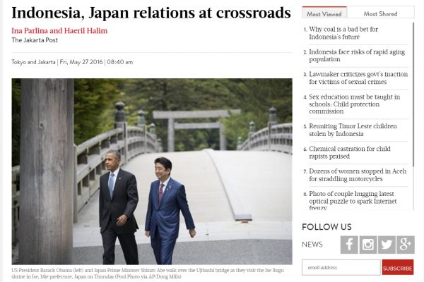 Un vent nouveau souffle sur les relations nippo-indonésiennes, en marge du G7. Copie d'écran du “Jakarta Post”, le 27 mai 2016.