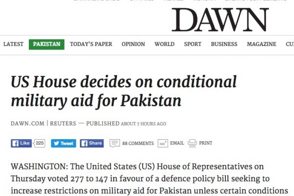 Si le Pakistan veut obtenir plusieurs centaines de millions des Etats-Unis, il devra se plier à ses exigences en terme de défense. Copie d'écran du site "Dawn", le 20 mai 2016.