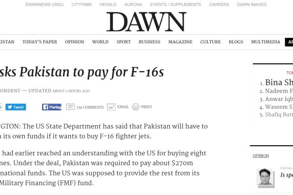 Le Pakistan devra financer de ses fonds propre le coût de ses futurs avions de chasses. Copie d'écran de “Dawn”, le 3 mai 2016.
