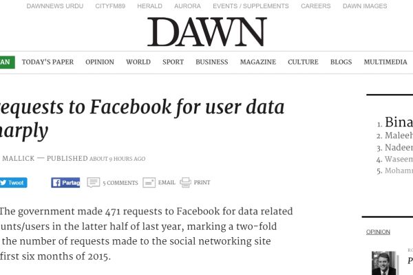Une ONG pakistanaise qui milite pour la protection des données sur internet affirme que les demandes du gouvernement se font sans aucune surveillance. Copie d'écran de “Dawn”, le 2 mai 2016.