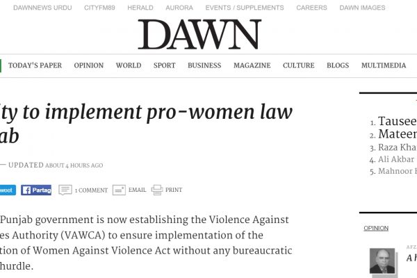Le Pendjab redouble d'efforts pour assurer la bonne application de sa loi contre les violences faites aux femmes. Copie d'écran de “Dawn”, le 30 mai 2016.