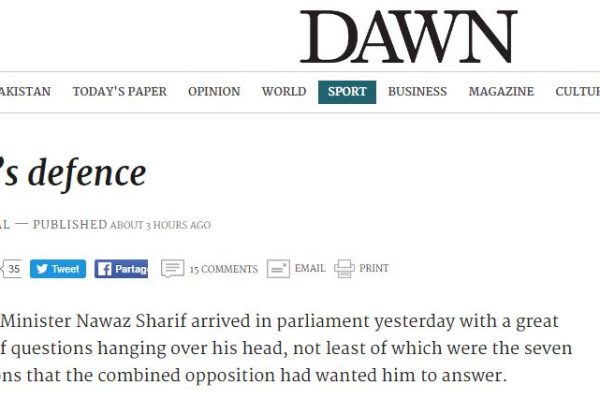 Le Premier ministre pakistanais a abordé le sujet des Panamas Papers pour la troisième fois hier. Copie d'écran du site "Dawn", le 17 mai 2016.