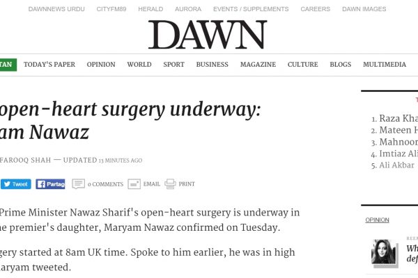 Le président pakistanais est opéré du coeur ce mardi 31 mai à Londres. Copie d'écran de “Dawn”, le 31 mai 2016.