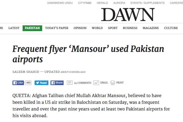 Le chef des talibans afghans, Akthtar Mansour aurait voyagé sous un faux nom depuis plusieurs aéroports pakistanais. Copie d'écran du site "Dawn", le 24 mai 2016.