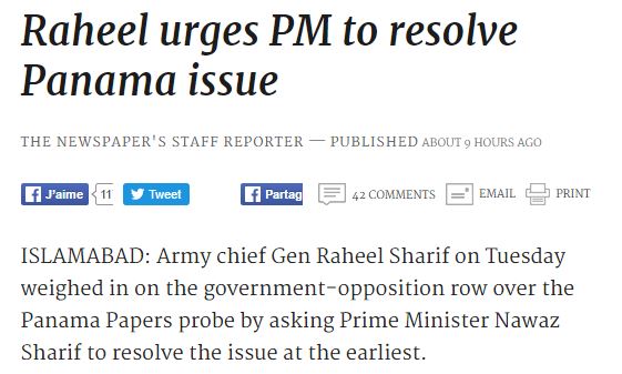 Le général en chef de l'armée pakistanaise demande au Premier ministre de régler l'affaire des Panama Papers au plus vite. Copie d'écran de “Dawn”, le 11 mai 2016.