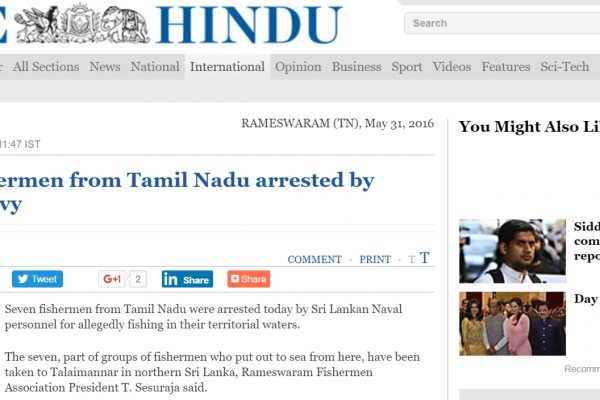 Sept pêcheurs indiens ont été arrêtés au large du Sri Lanka. Copie d'écran de “The Hindu”, le 31 mai 2016.