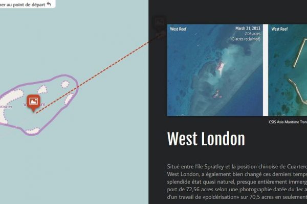 Copie d'écran de notre carte interactive sur les constructions d'îlots artificiels par le Vietnam en mer de Chine du Sud. Ici le récif West ou West London, dans l'archipel des Spratleys.