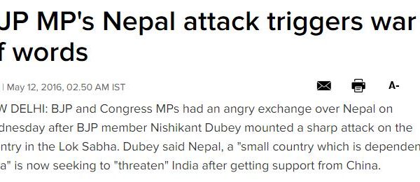 Pour le Parti du Congrès, il ne faut pas parler mal du Népal. Copie d'écran de "The Times of India", le 12 mai 2016.