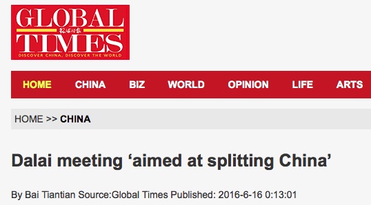 La nouvelle rencontre entre le Dalaï-lama et Barack Obama a été accueillie froidement par Pékin. Copie d'écran du Global Times, le 16 juin 2016.