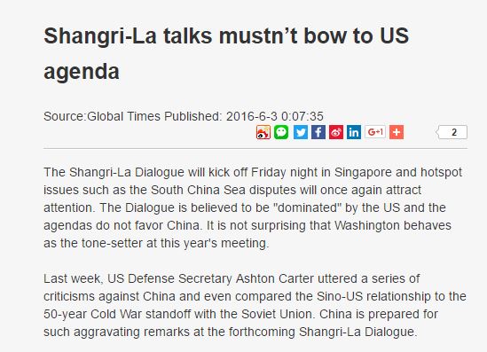Juste avant l'ouverture du forum, la Chine accuse les Etats-Unis d'être les auteurs des tensions en mer de Chine du Sud. Copie d'écran du “Global Times”, le 3 juin 2016.