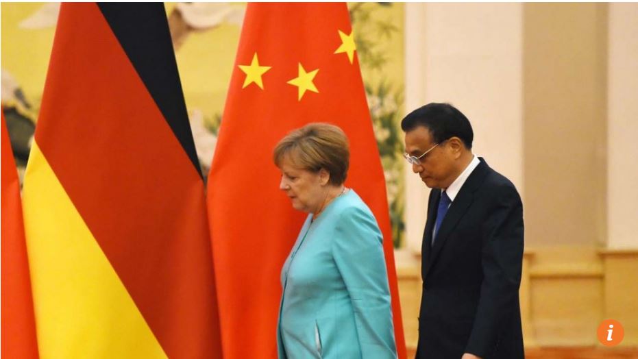 Angela Merkel et le Premier ministre chinois Li Keqiang dans le palais de l'Assemblée du peuple. Copie d'écran de South China Morning Post, le 13 juin 2016.