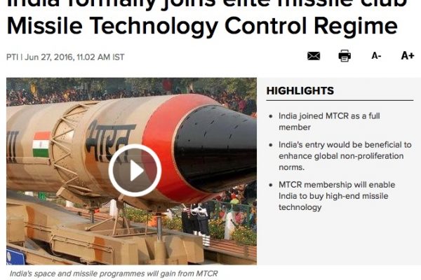 Si l'Inde a vu son adhésion au groupe des fournisseurs de nucléaire rejetée, elle a pu intégrer le Régime de contrôle de la technologie des missiles. Une première pour New Delhi. Copie d'écran du Times of India, le 27 juin 2016.