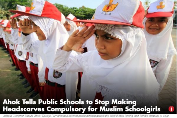 Le port du voile ne doit plus être obligatoire car les jeunes étudiantes doivent comprendre la symbolique religieuse du hijab, a déclaré le gouverneur de Jakarta. Copie d'écran du “Jakarta Globe”, le 6 juin 2016.