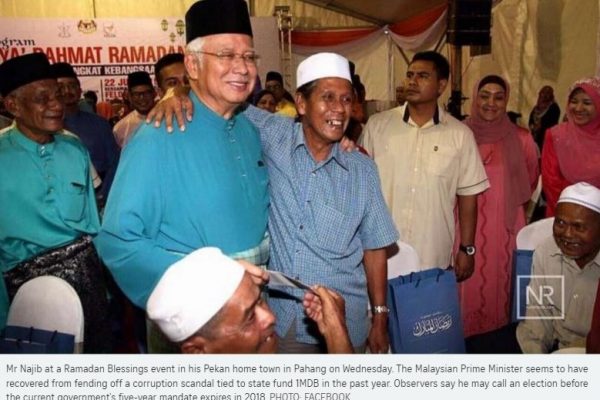 Le Premier ministre Najib Razak pourrait annoncer des élections anticipées dans un contexte politique qui lui est favorable. Copie d'écran du Straits Times, le 24 juin 2016.