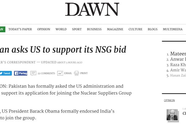 Le Pakistan ne souhaite pas que l'Inde accède au Groupe des Fournisseurs nucléaires (NSG) sans lui. Copie d'écran de Dawn, le 9 juin 2016.