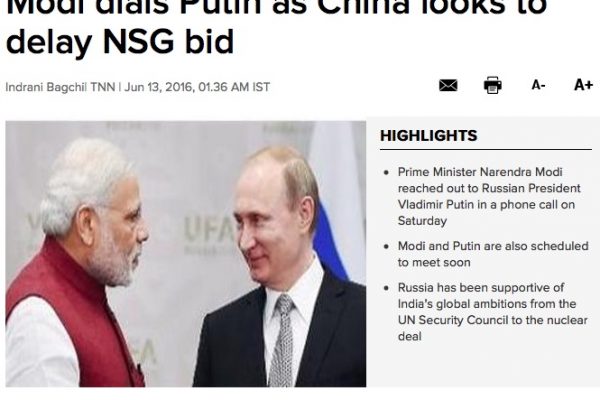 Bloqué par la Chine, l'Inde essaie de s'appuyer sur Moscou pour intégrer le GNF. Copie d'écran de The Times of India, le 13 juin 2016.
