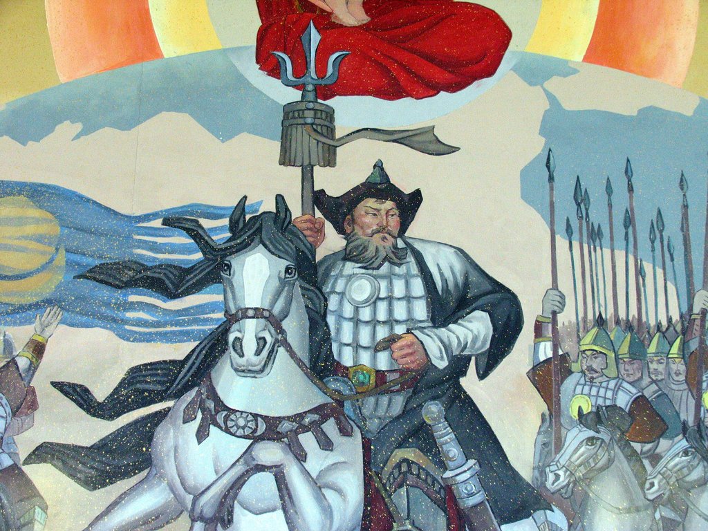 Peinture de Gengis Khan exposée au Aer Mountain National Geopark Museum de Mongolie Intérieure.