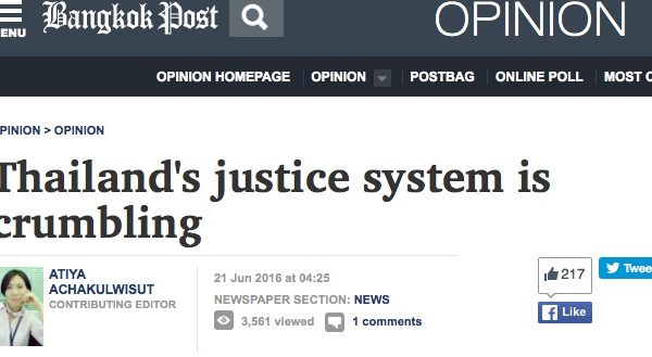 L'éditorial du Bangkok Post n'est pas tendre avec la justice thaïlandaise. Copie d'écran de Bangkok Post, le 21 juin 2016.