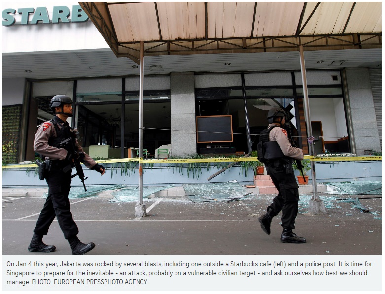 Le 4 janvier 2016, Jakarta était frappé par une attaque terroriste. Pour Singapour, il est temps de se préparer à l'inévitable - une attaque, qui viserait probablement des cibles civiles vulnérables. Copie d'écran du Straits Times, le 6 juillet 2016.