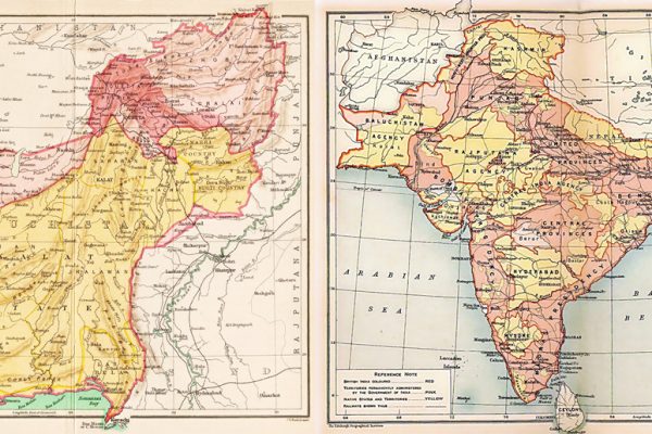 Carte du Baloutchistan sous la colonisation britannique (à gauche) et de l'Empire britannique des Indes (à droite). En rose, les territoires sous administration directe de la couronne britannique, et en jaune, les Etats princiers. (Crédits : Edinburgh Geographical Institute et John G. Bartholomew, via Wikimedia Commons)