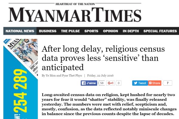 Les résultats du volet "religion" du recensement de 2014 ont enfin été publiés. Copie d'écran du Myanmar Times, le 22 juillet 2016.